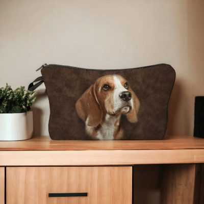 Trousse chien marron avec visage d'un chien en polyester