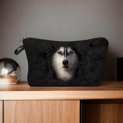 Trousse chien noire avec visage d'un Husky en polyester