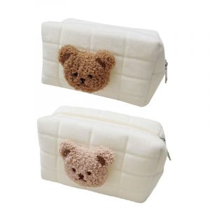 Trousse de toilette bébé avec tête d'ourson présentée dans les deux couleurs présentées sur fond blanc